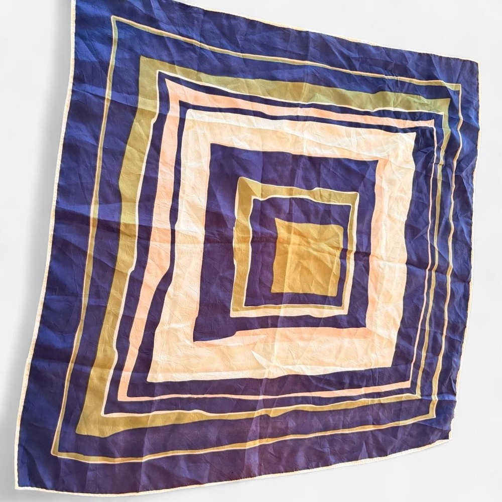 Vintage Geometric Square Scarf Blue Green Cream Silk Blend Retro‎ Mod Neck Head
